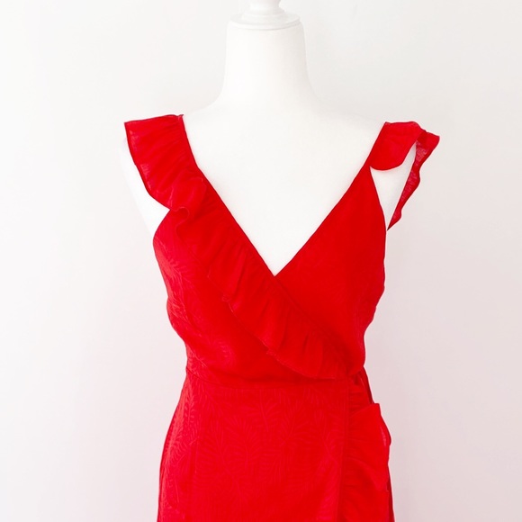 NWOT Red Flutter Strap Ruffle Wrap Midi Dress - Picture 3 of 6